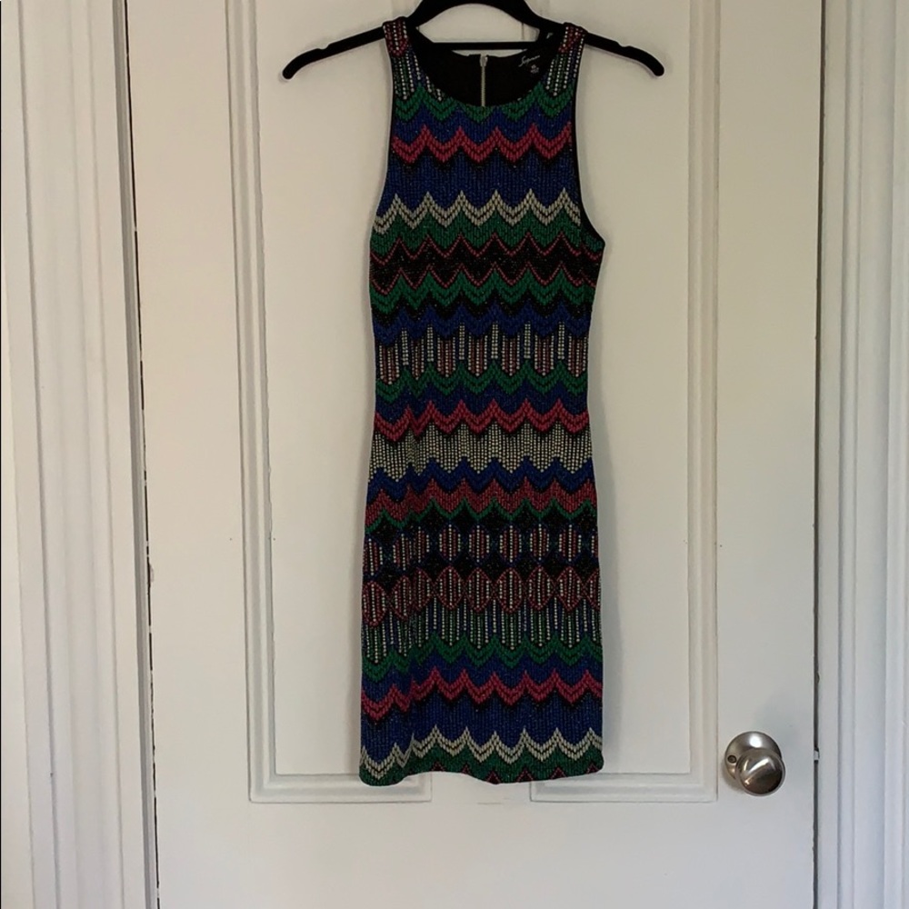 Multi-patterned, textured body con dress